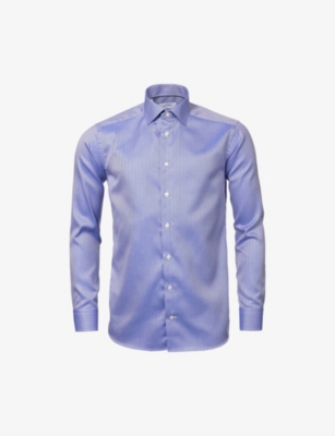 Eton Mens Mid Blue Herringbone Slim-fit Cotton Oxford Shirt
