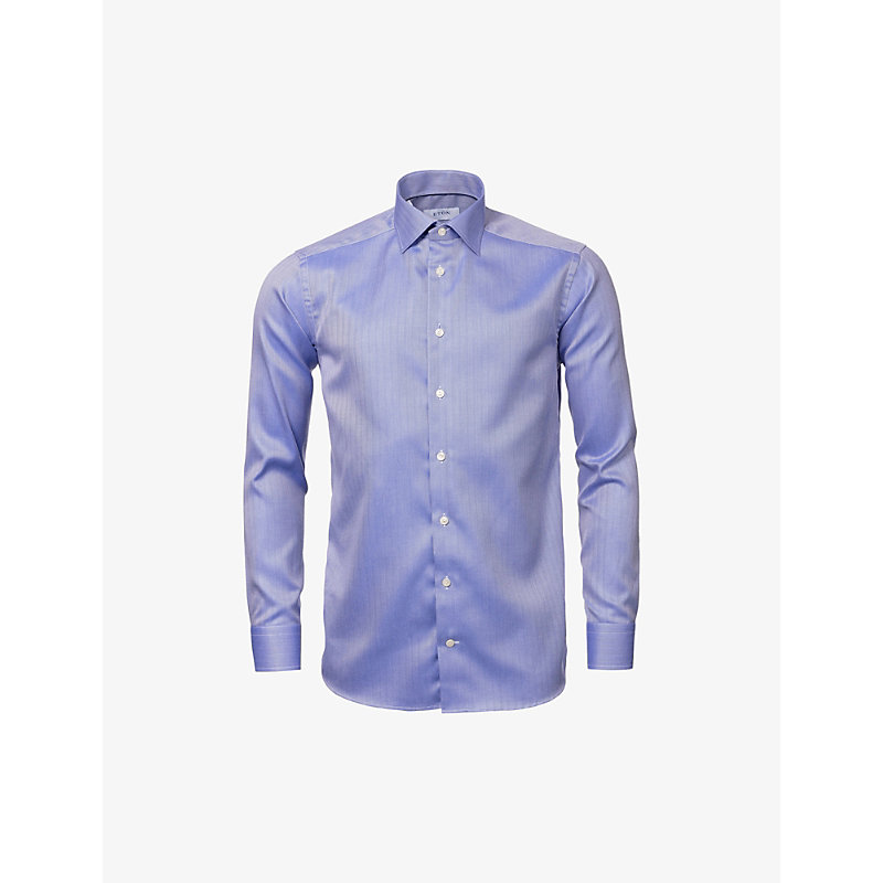 Eton Mens Mid Blue Herringbone Slim-fit Cotton Oxford Shirt