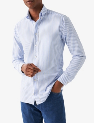 Shop Eton Mens Blue Striped Long-sleeved Slim-fit Cotton Shirt