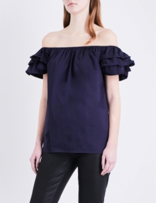 TED BAKER RUFFLED OFF-THE-SHOULDER STRETCH-COTTON TOP, NAVY | ModeSens