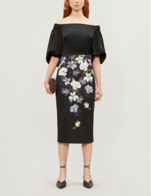Ted Baker Opal Bardot Satin Midi Dress In Black | ModeSens