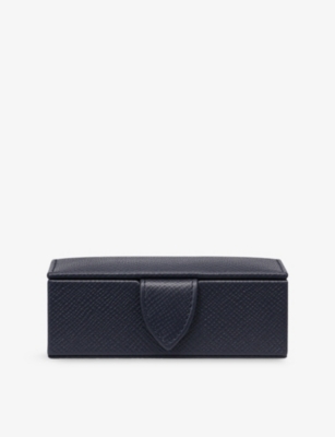 Smythson Navy Panama Small Leather Cufflink Box 11cm