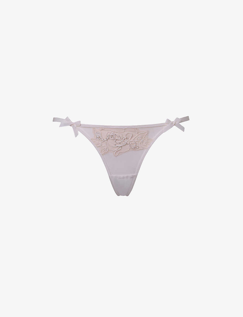 Agent Provocateur Lindie Mid-rise Embroidered Floral Mesh Thong In Sand/ivory