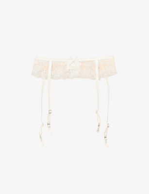 Shop Agent Provocateur Women's Sand/ivory Lindie Floral Mesh Suspender Belt In Cream