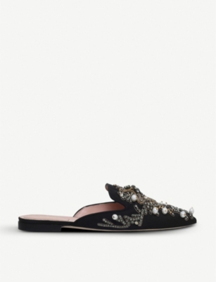 Mia Couture Pearl Embroidered Mules, Black | ModeSens
