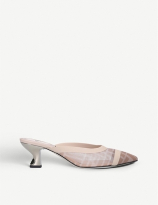 woven heeled mules