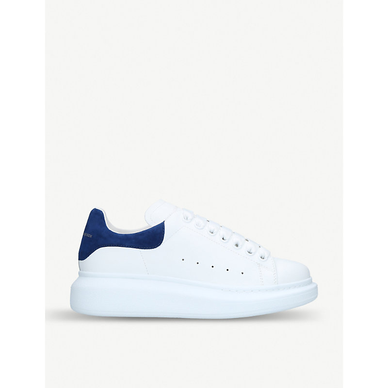 Alexander Mcqueen Runway Leather And Suede Platform Trainers In White/navy