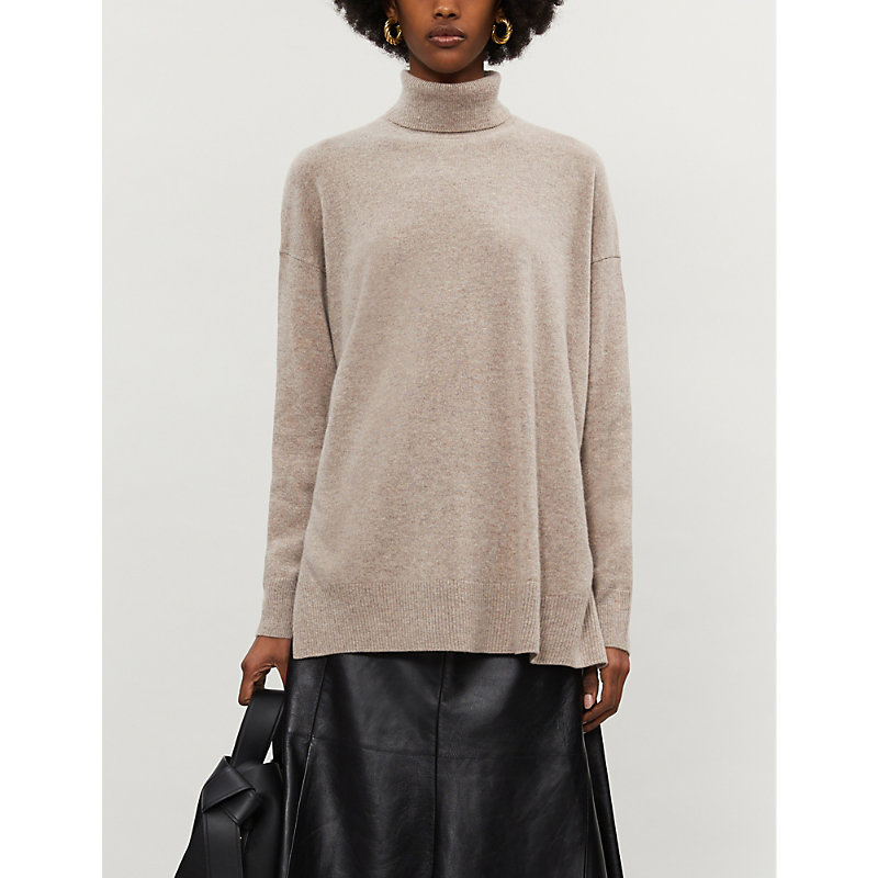 Allsaints Gala Turtleneck Relaxed-fit Cashmere Jumper In Oat Brown