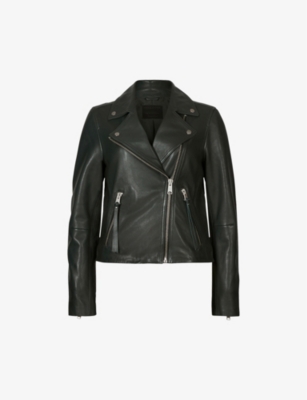 Allsaints Womens Forest Green Dalby Leather Biker Jacket