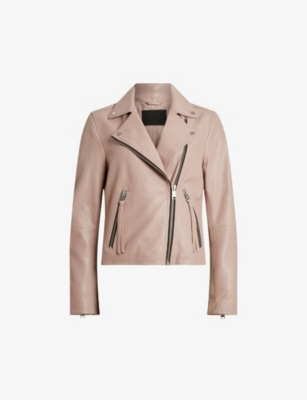 Allsaints Dalby Leather Biker Jacket In Misty Pink