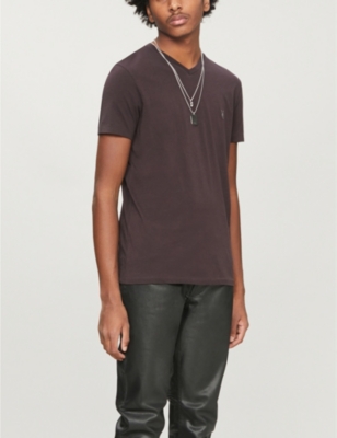 Allsaints Tonic V-neck Cotton-jersey T-shirt In Mahogany Red
