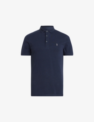 Allsaints Mode Merino Short Sleeve Polo Shirt In Navy Blue