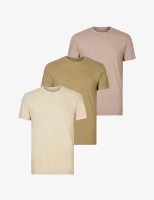 Allsaints 3 Pack Cotton-jersey T-shirts In Cly Grn/brwn/g