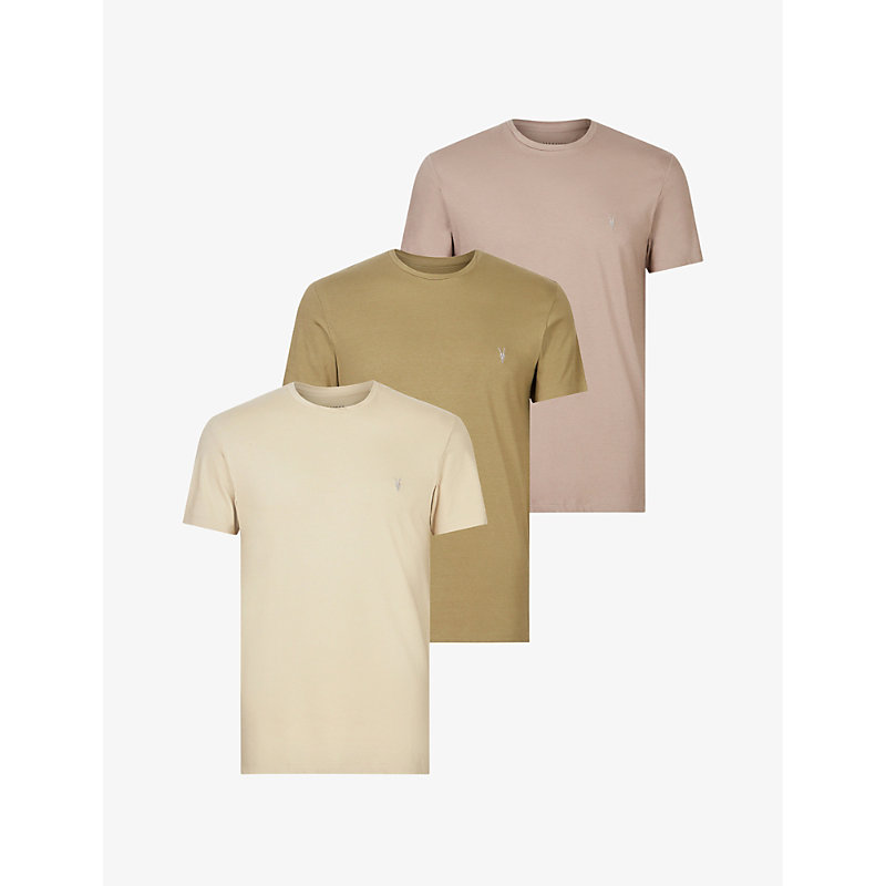 Allsaints 3 Pack Cotton-jersey T-shirts In Cly Grn/brwn/g