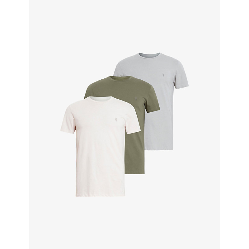 Allsaints 3 Pack Cotton-jersey T-shirts In Ecru/grey/grey