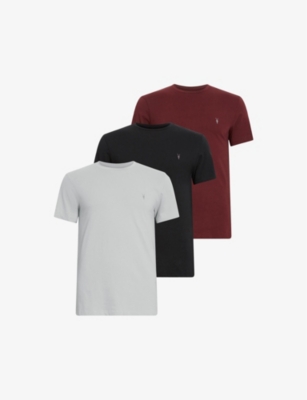 Allsaints 3 Pack Cotton-jersey T-shirts In Red/grey/jet B