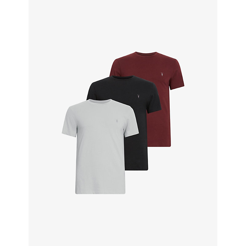Allsaints 3 Pack Cotton-jersey T-shirts In Red/grey/jet B