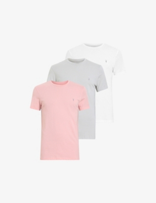 Shop Allsaints Men's White/pink/gre 3 Pack Cotton-jersey T-shirts