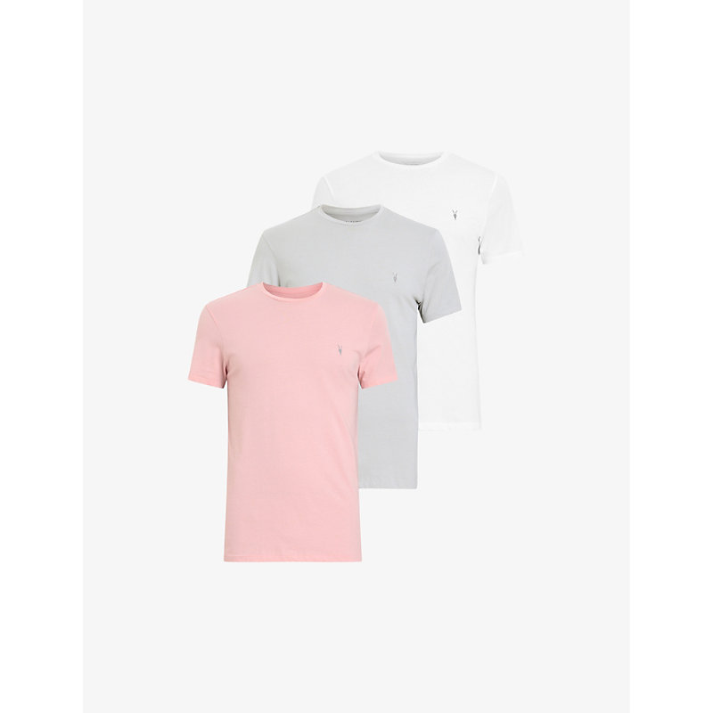 Shop Allsaints Men's White/pink/gre 3 Pack Cotton-jersey T-shirts