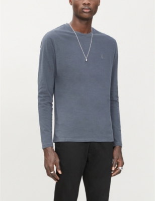 Allsaints Brace Long-sleeved Cotton-jersey Top In Petroleum Navy