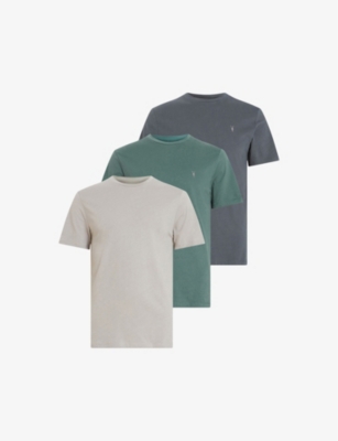 Allsaints Brace Brushed Cotton T-shirts 3 Pack In Green/blk/gry