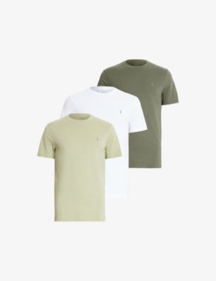 Shop Allsaints Mens Grn/grn/opt Wh Brace Tonic Pack Of Three Cotton-jersey T-shirts