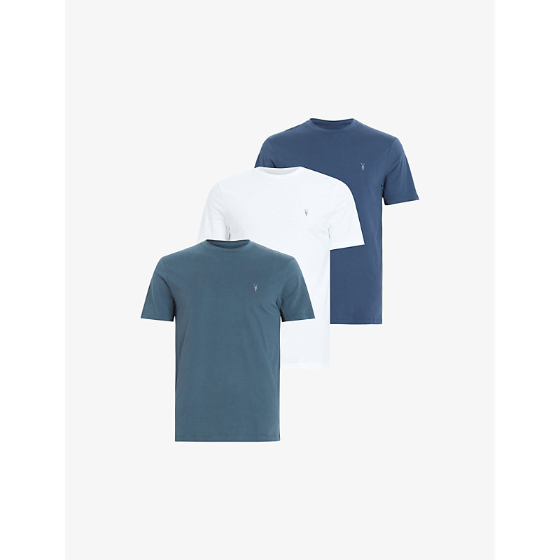Shop Allsaints Men's Opt Wht/blue/b Brace Tonic Pack Of Three Cotton-jersey T-shirts