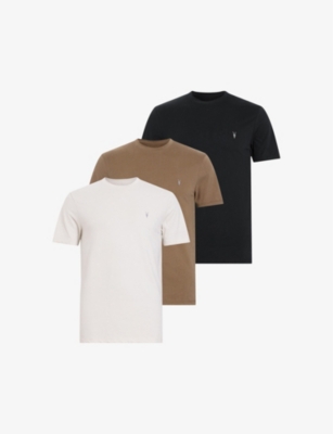 Shop Allsaints Men's Taupe/brown/bl Brace Tonic Pack Of Three Cotton-jersey T-shirts