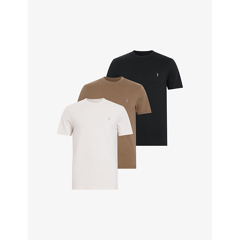 Shop Allsaints Brace Tonic Pack Of Three Cotton-jersey T-shirts In Taupe/brown/bl