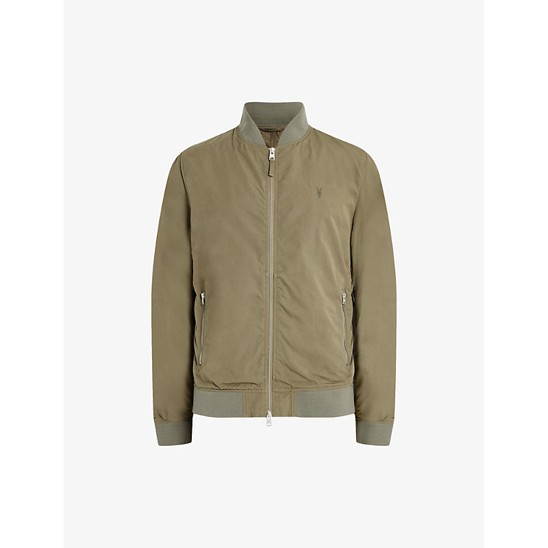 Shop Allsaints Men's Avo Green Bassett Zipped Cotton-blend Bomber Jacket