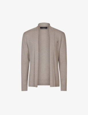 Allsaints Mode Merino Wool Open Cardigan In Vole Brown Marl