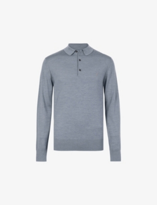 Allsaints Mode Merino Long Sleeve Polo Shirt In Dusty Blue
