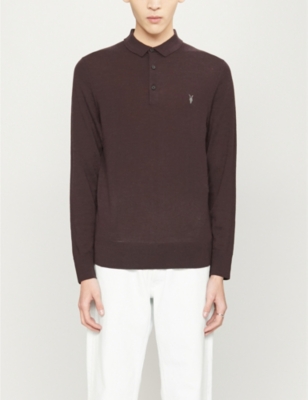 Allsaints Mode Slim-fit Wool Polo Shirt In Mahogany Red M