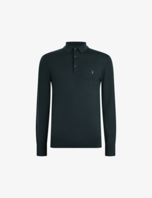 Allsaints Mode Merino Long Sleeve Polo Shirt In Racing Green