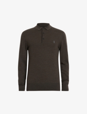 AllSaints Merino Long Sleeve Polo Shirt, Stone Taupe Marl, XS