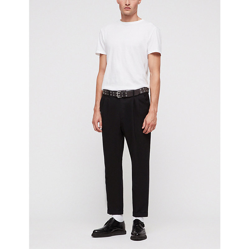 Shop Allsaints Mens Black Tallis Regular-fit Tapered Cotton And Wool-blend Trousers