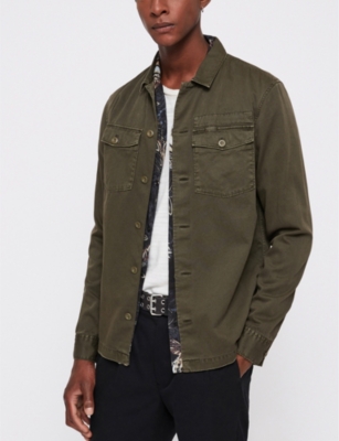 Shop Allsaints Mens Cargo Green Spotter Slim-fit Cotton-twill Shirt