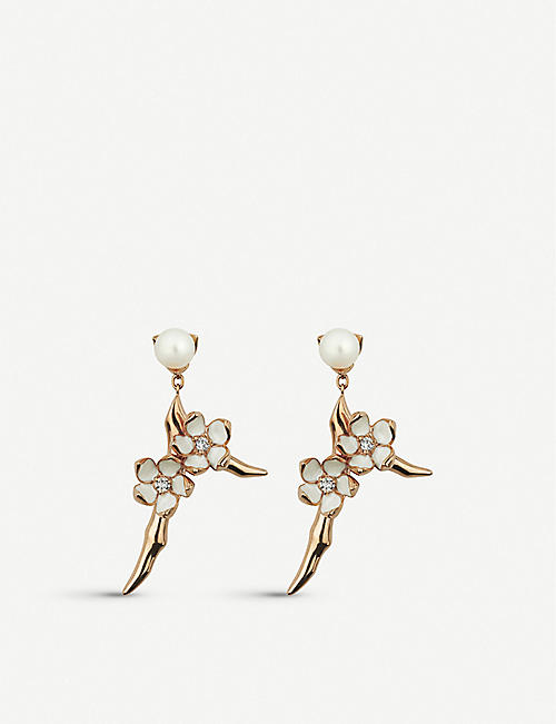 SHAUN LEANE: Cherry Blossom yellow gold-plated vermeil silver and diamond drop earrings