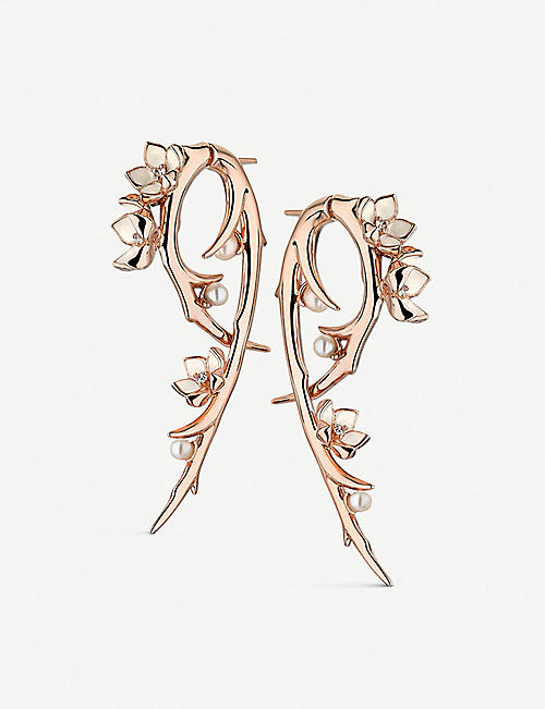 SHAUN LEANE: Cherry Blossom Hook pearl, diamond and rose-gold vermeil earrings