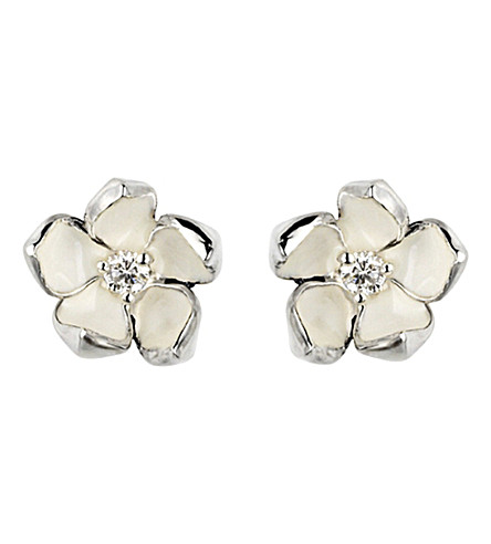 Shaun Leane Cherry Blossom silver, ivory enamel and diamond stud earrings small