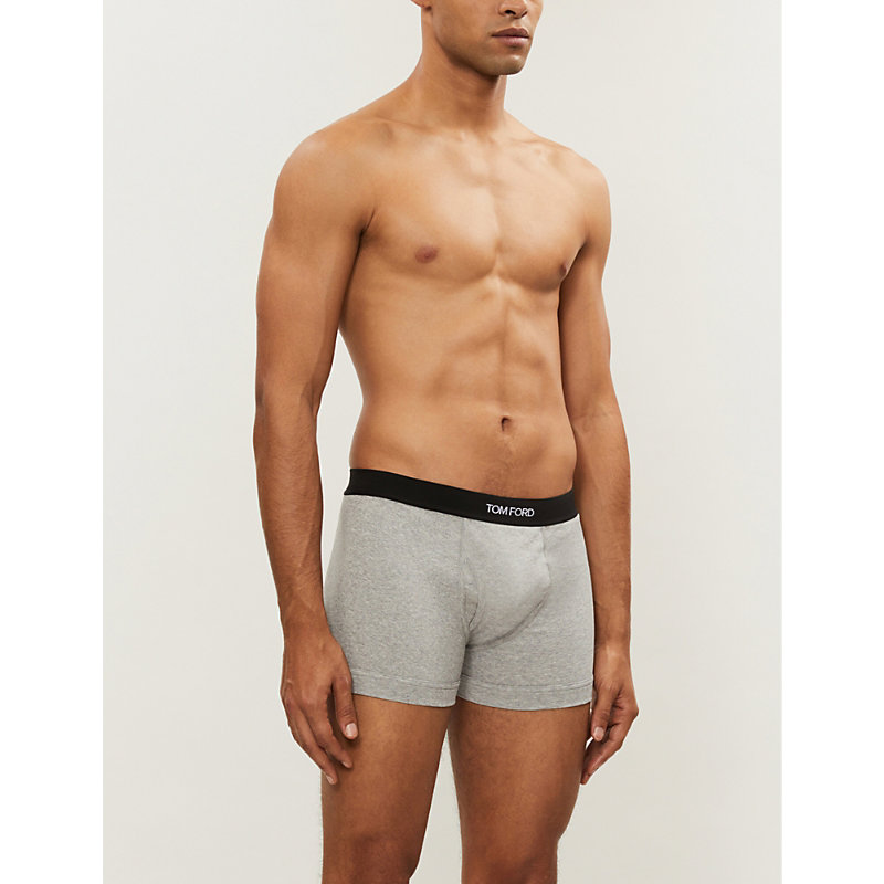 Shop Tom Ford Logo-embroidered Cotton-blend Jersey Boxers In Grey