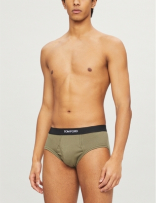 Tom Ford Logo-print Slim-fit Stretch-cotton Briefs In Olive Green