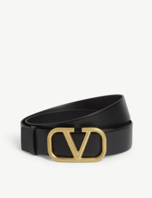 Valentino Garavani Mens Black Gold V Logo Leather Belt