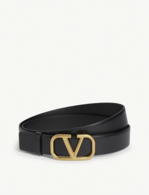 Valentino Garavani Mens Black Gold V-logo Buckle Leather Belt
