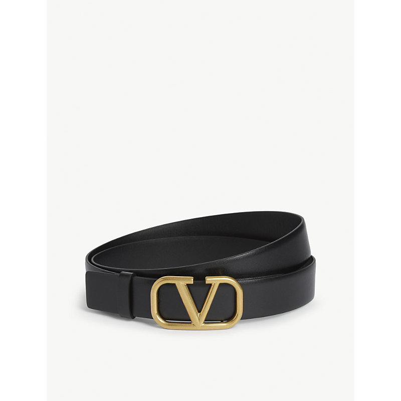 Valentino Garavani Mens Black Gold V-logo Buckle Leather Belt
