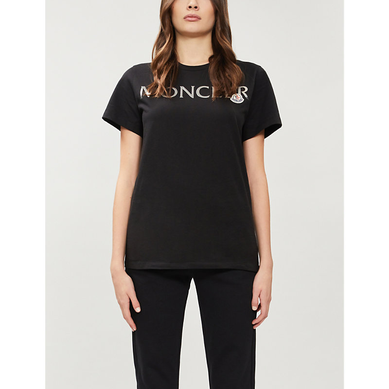 Moncler Metallic Logo-print Cotton-jersey T-shirt In Black