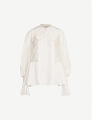 RENLI SU: Oversized-collar flared-cuff silk and linen-blend blouse