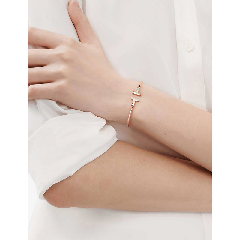 Shop Tiffany & Co Womens Rose Gold Tiffany T 18ct Rose-gold And Mother-of-pearl Bracelet