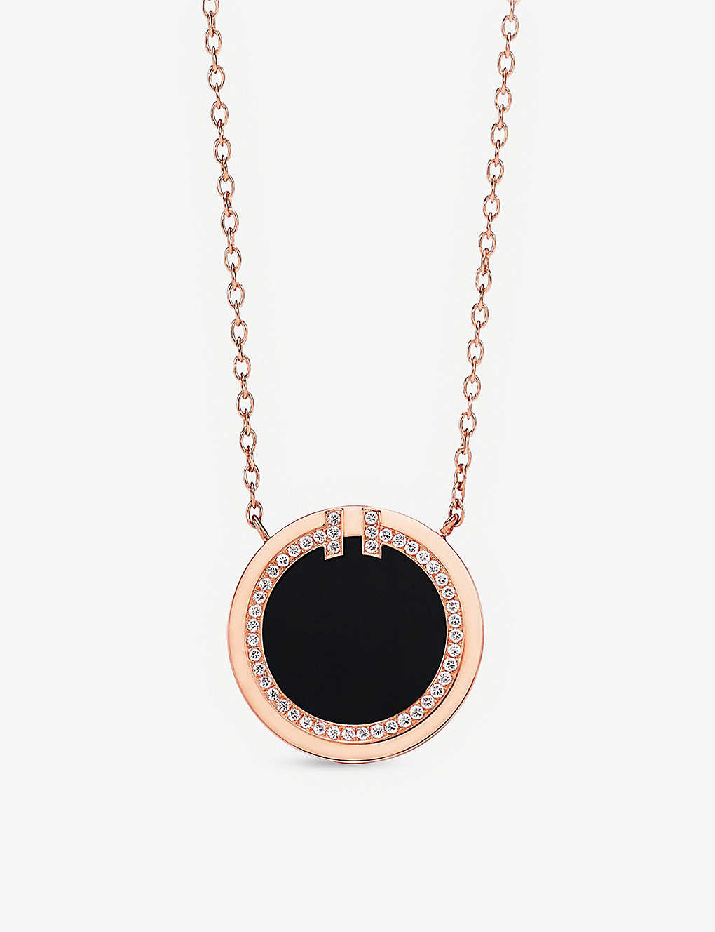 Tiffany & Co Womens Rose Gold Tiffany T 18ct Rose-gold, Onyx And 0.05ct Diamond Pendant Necklace