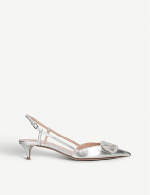 silver kitten heel slingback shoes
